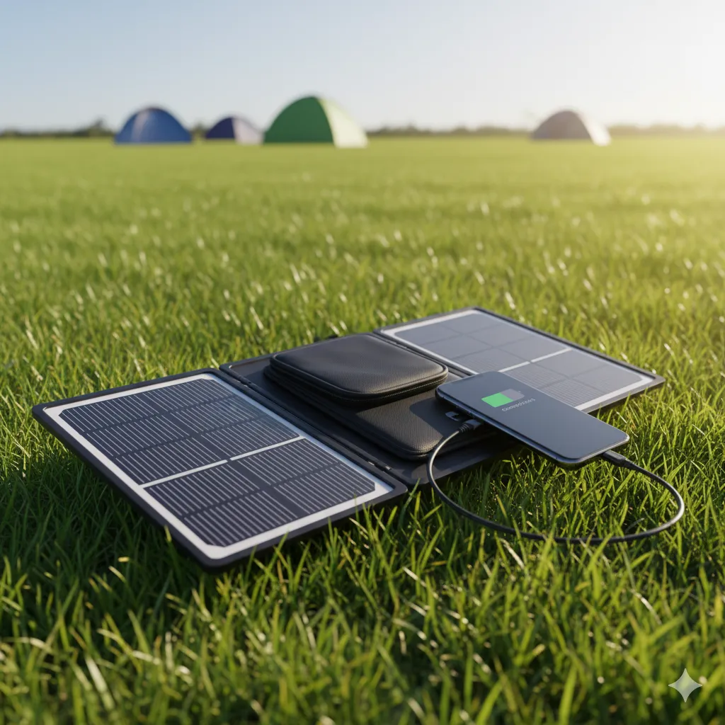 A portable folding solar panel charging a phone in the sun.